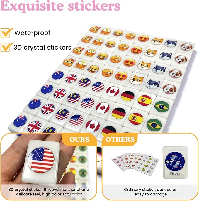 Seaside Escape Game Blocks， Mahjong Tile Game Sets with 65 Tiles 30mm Flag and Emoji Pattern with Handbag for Spring Picnic Party Gift.