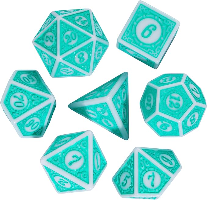 7PCs DND Dice Set, Unique Window Lattice Pattern D&D Dice Set with Leather Dice Bag, Polyhedral Dice for Dungeons and Dragons, RPG, Table Games (Cyan/White)