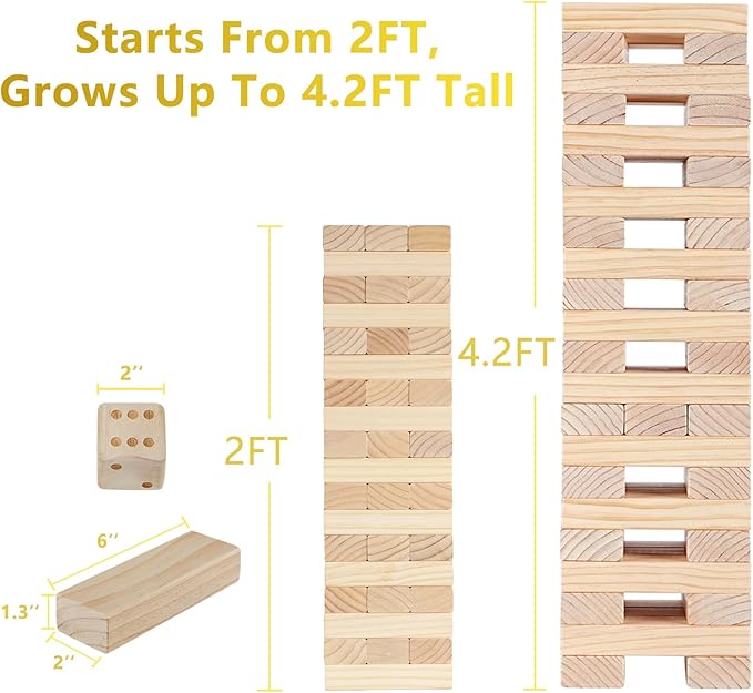 Giant Timber Blocks Games, 56 Blocks Large Tower Outdoor Games - Includes Carry Bag and Scoreboard, Wood Stacking Yard Games Grows from 2FT to Over 4.2FT for Kids Adults Family