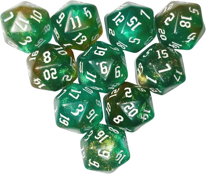 10PCs D20 Polyhedral Dice Set 22mm for DND RPG MTG Dungeons and Dragons Dice (Green+Curry)