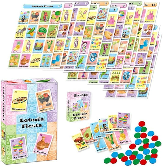 Loteria Fiesta Deluxe Game Set in Spanish, for Up to 20 Players - 20 Boards, Full Deck of Cards and with Chips
