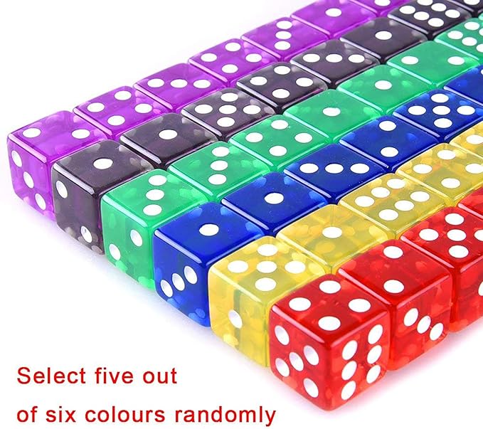 AUSTOR 50 Pieces Game Dice Set 5 Translucent Colors Square Corner Dice for Tenzi, Farkle, Yahtzee, Bunco or Teaching Math with Velvet Pouch
