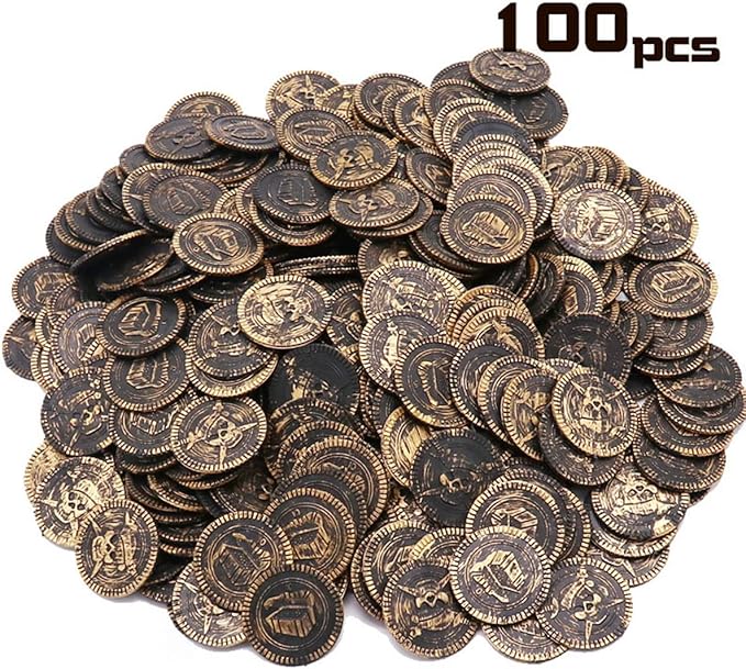 100 Pieces Plastic Pirate Gold Coins Set, Brown - Play Treasure Gold Coins for Pirate Themed Party, St. Patrick's Day, Treasure Hunt Game, Halloween and Christmas Decorations…