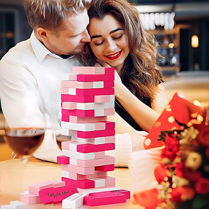 VKX 54 Pcs Super Naughty Block Tower Game, Valentine Tumbling Wooden Tower Stacking Blocks, Date Night Games & Fun Couple Activities, Stacking Wooden Block Game for Lover