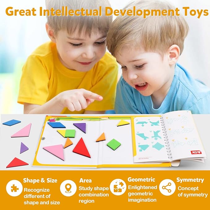Travel Tangram Puzzle,Magnetic Puzzle Book Game Road Trip Game Jigsaw Shapes Dissection STEM Games with Solution IQ Educational Toy for Kid Adult Challenge Brain Teasers 240 Patterns(2Pcs Tangrams)