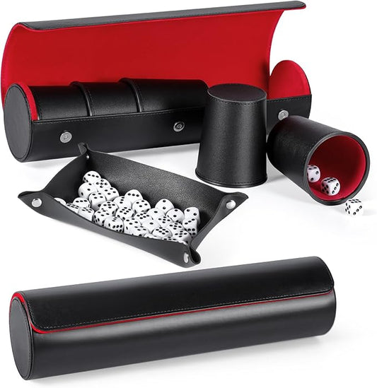 2 Set Leather Dice Cup Set, 10x Dice Cups + 50 Dice + Exclusive Storage and Transport Case Made of Faux (2 Pack Red)