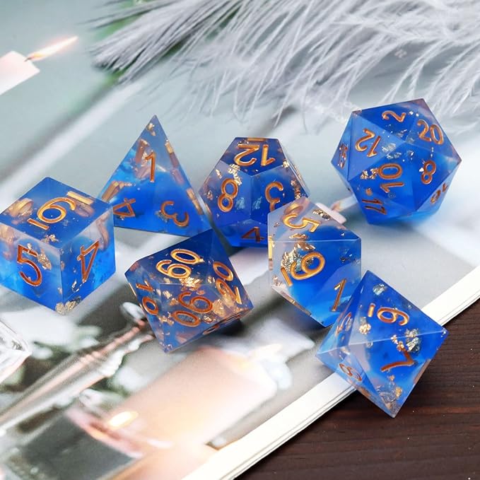 Haxtec Blue D&D Dice Set - Sharp Edge Resin Dice with Gold Flakes, Case for RPG Role Playing Games, Dungeons and Dragons Gift