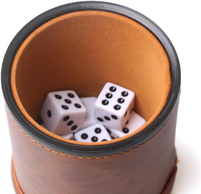 Brown PU Leather Dice Cup Set, Felt Lined Dice Shaker with 6 Dice for Liars Farkle Yahtzee Game