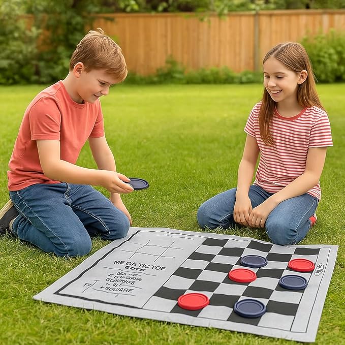 Bolaball 3-in-1 Giant Checkers, Tic Tac Toe Jumbo Game, 26"x26", Reversible Carpet, Indoor Outdoor Yard Board Game for Family and Friends with 24 Chips
