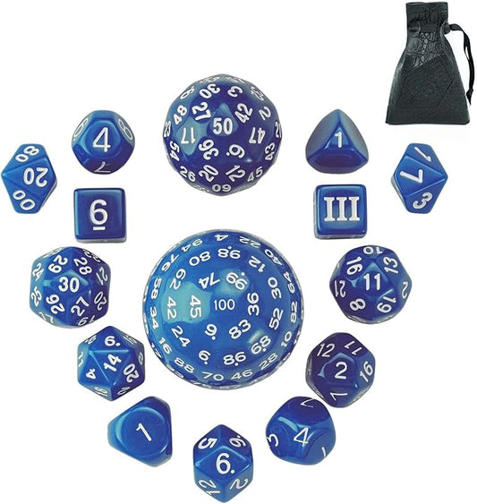 15 Pieces Complete Polyhedral DND Dice Set D3-D100 Spherical D&D Dice Set with Dragon Eye Dice Bag, D100 Dice for Dungeons and Dragons, RPG, MTG Table Games(Blue w/White Numbers)