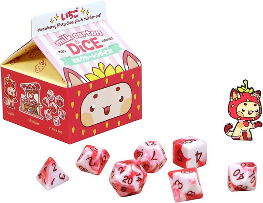 1985 Games Strawberry Kawaii Cat Dice Set – Milk Carton-Inspired Dice for DND | TTRPGs & Tabletop Roleplaying