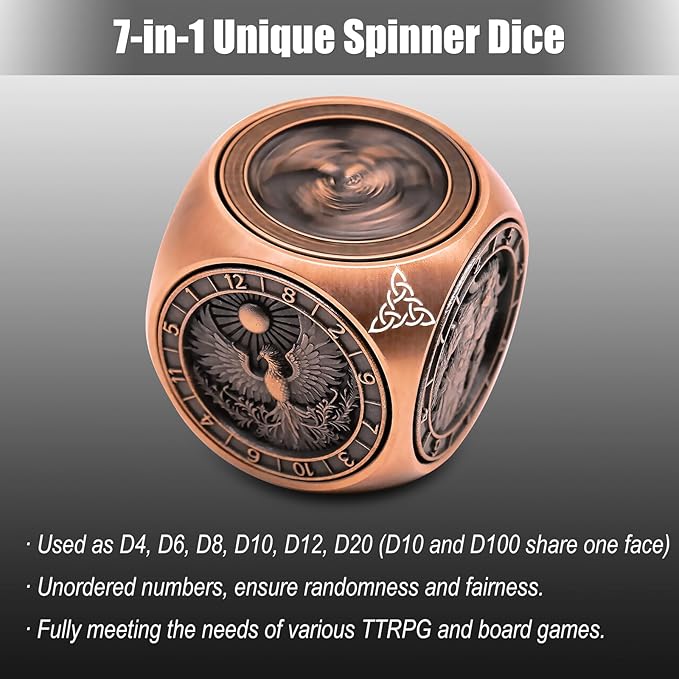 DND Spinner Dice, 7 in 1 Unique Metal Dice Set with 3D Relief for Dungeons and Dragons Gifts, Cool Polyhedral Role Playing Game Dice, Fantasy D&D Tabletop RPG Accessories for DM & Player (Copper)