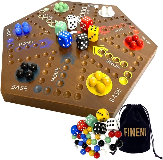 Wooden Board Games, Marble Board Game Original with Dual Sides Fast Track Board Game for 2 to 6 Players, Double Side Marble Game, 6 Colors 30 Marbles Set and 6 Color 6 Dice,Pouch (20" Dark)