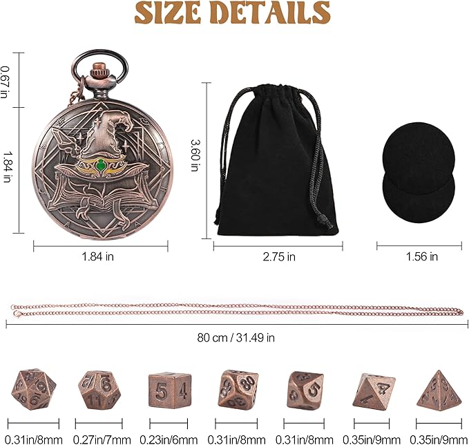 D&D Dice Set,7PCS Metal Dice for Dungeons and Dragons,Mini Dice Set with Pocket Watch Case,Role Playing Board Games Accessories (Wizard, Copper)