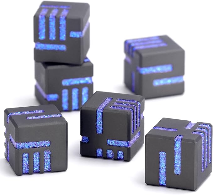 D6 Metal Dice, 16mm 6 Sided Dice Set, ZHOORQI 6Pcs/Set Tech-Themed New Concept Glittery Lines D6 Dice for DND, Tabletop RPGs Gifts（D6-Glitter Blue）