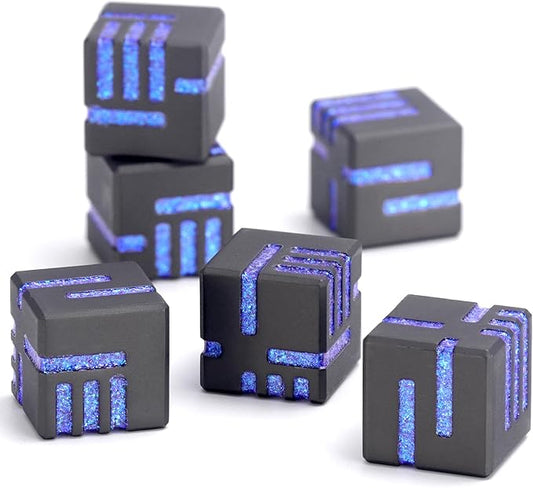 D6 Metal Dice, 16mm 6 Sided Dice Set, ZHOORQI 6Pcs/Set Tech-Themed New Concept Glittery Lines D6 Dice for DND, Tabletop RPGs Gifts（D6-Glitter Blue）