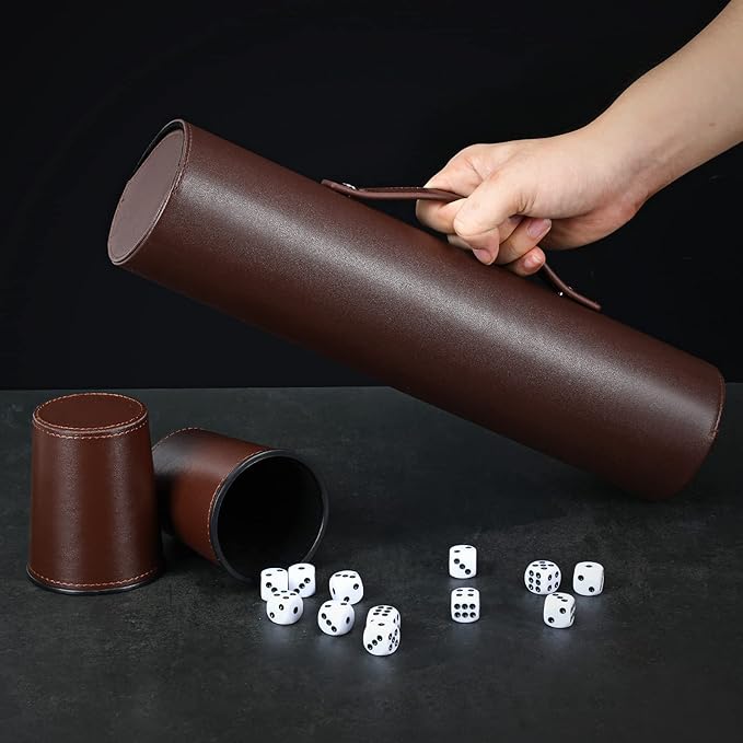 2 Set Leather Dice Cup Set, 10x Dice Cups + 50 Dice + Exclusive Storage and Transport Case Made of Faux (2 Pack Brown)