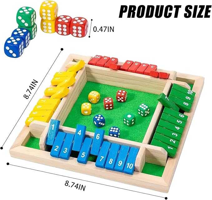 Winbar Shut The Box Dice Game, 2-4 Player Wooden Board Game with 8 dice Suitable for Gatherings classrooms Bars Math Games and Classic Tabletop Games with 8 dice