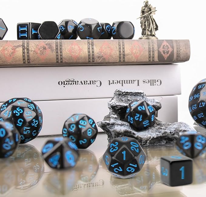 Coyeekn DND Dice 15 Pieces Polyhedral Dice D3-D100 with Dice Bag for Role Playing Table Games (Black & Blue)…