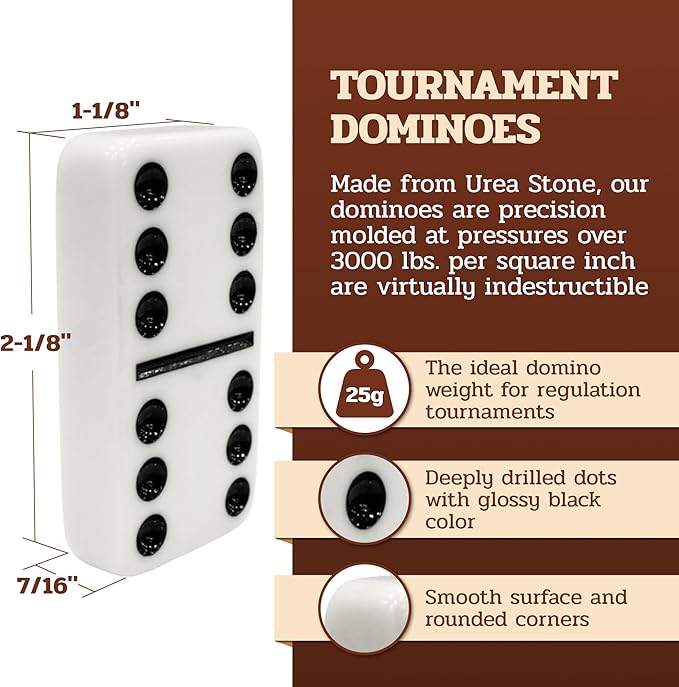 Alex Cramer Le Club Luxury Domino Set with Handcrafted Walnut Case and Cribbage/Counter Top - Tournament Quality 28 Indestructible (Domino Set with Personalized Brass Plate)