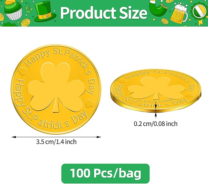 100 PCS St. Patrick's Day Coins - Lucky Gold Green Shamrock Clover Coins Party Favors for St. Patrick's Day Decorations, Irish Themed Party Supplies, Birthday, Parade Throws, Outdoor Treasure Hunts