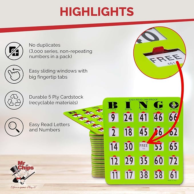 MR CHIPS Jam-Proof Bingo Cards with Sliding Windows, 50 Reusable Shutter Cards, 75 Calling Cards 1 Master Board in Green Style