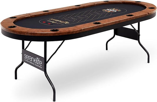 SereneLife 10-Player Oval Foldable Poker Table - Casino Texas Holdem Table with Water-Resistant Cushioned Rail, 10 Cup Holders, Brown Felt Surface, Black Jack Board & Family Games (Dark Brown)