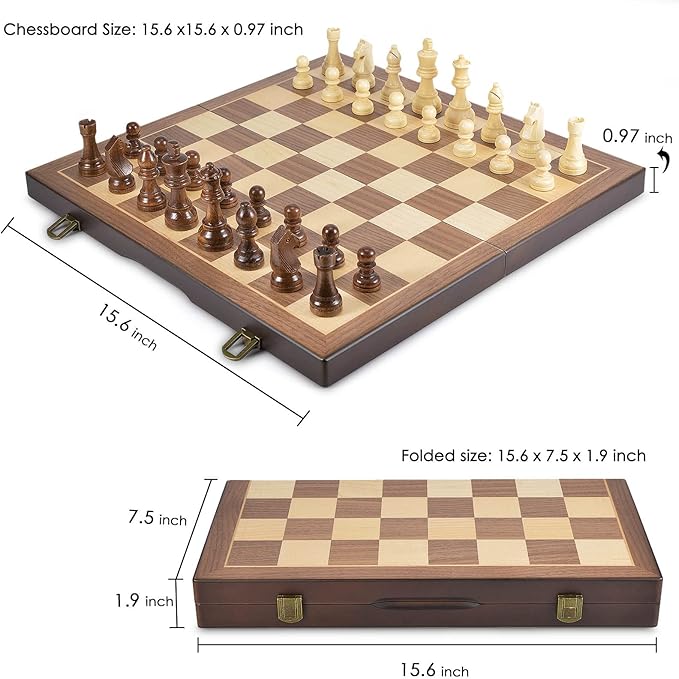 AMEROUS Magnetic Wooden Chess and Checkers Game Set, 15 Inches (2 in 1) Chess Board Games, 2 Extra Queens - Gift Package - Game Pieces Storage Slots, Beginner Chess Set for Kids, Adults