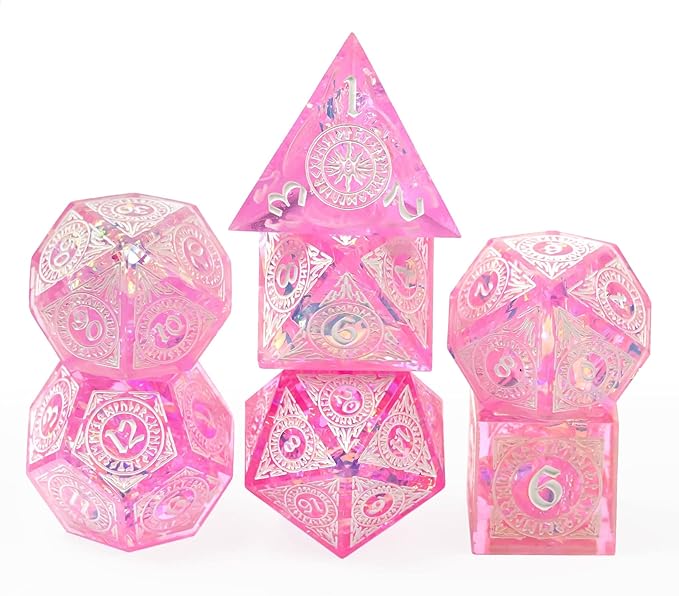 Cusdie 7-Piece Polyhedral DND Dice Set with Sharp Edges, Handcrafted Dice Featuring Rune-Inspired Designs for Role Playing Games Pathfinder (Pink)