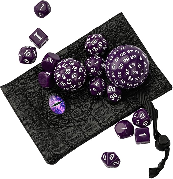 15 Pieces Complete Polyhedral DND Dice Set D3-D100 Spherical D&D Dice Set with Dragon Eye Dice Bag, D100 Dice for Dungeons and Dragons, RPG, MTG Table Games(Purple w/White Numbers)