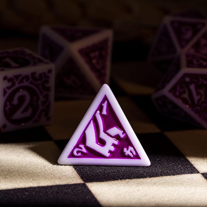 7-Die DND Dice Set New Pattern Polyhedral Dice Set with Leather Bag D&D Dice Set for Dungeons and Dragons RPG MTG Table Games(White Purple)