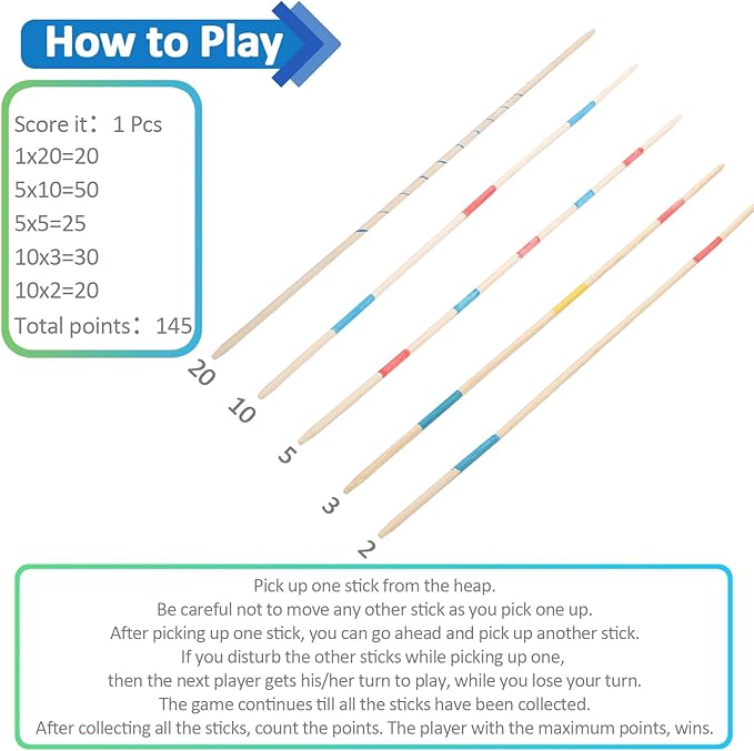 Large Pick Up Sticks, 19.60 Inch Wooden Pick Up Sticks Game for Kids, Classic and Funny Family Game (1 Pack Large Pick Up Sticks)
