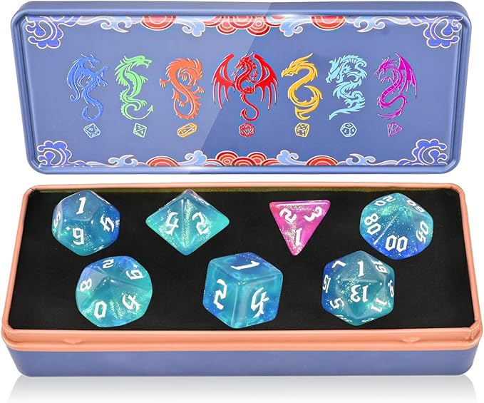 DND Dice Set with Dragon Totem Metal Gife Case, Dungeons and Dragons Dice Set,Polyhedral Dice Set Filled with Shiny Glitters,Role Playing Games and Tabletop Games (Blue&Green)