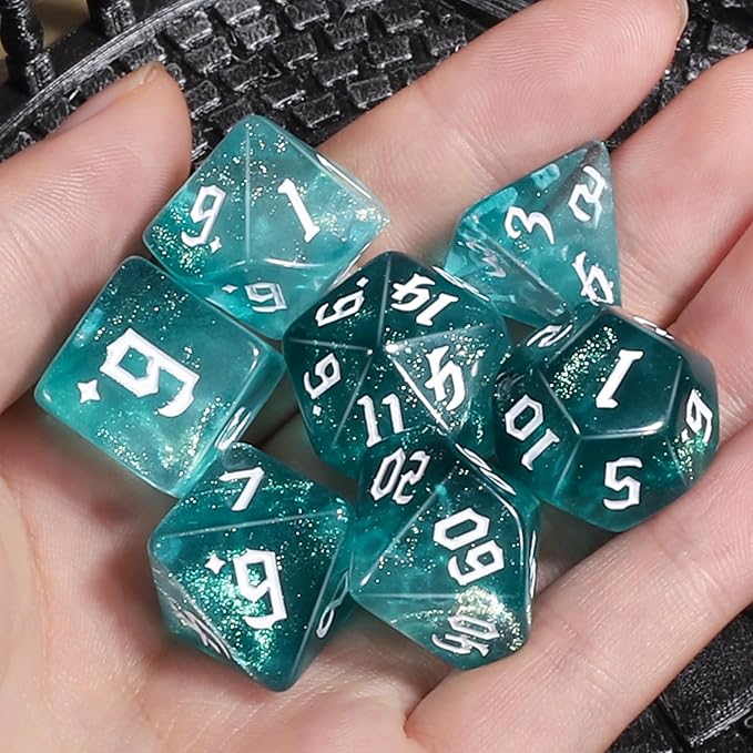 CiaraQ DND Polyhedral Dice Set for Dungeons and Dragons RPG MTG Role Playing Table Games-with 1 Dice Pouch (Aquamarine + Glitter)