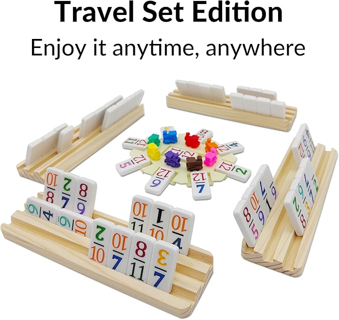Travel Edition - Mexican Train Dominoes Set with Numbers and 4 Wooden Racks, 91 Tiles Travel Double 12 Dominos Game Set with Portable Case for Families Kids