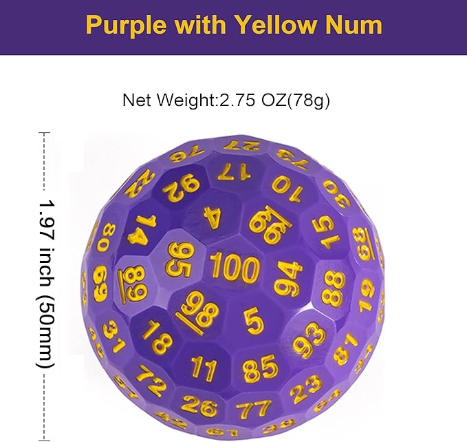Upgraded D100 Dice, Single 100 Sided Polyhedral Dice D100 Die 50mm, D&D Dice D100 Game Dice, 100 Sided Cube with Metal Storage Tin(Purple/Yellow Font)