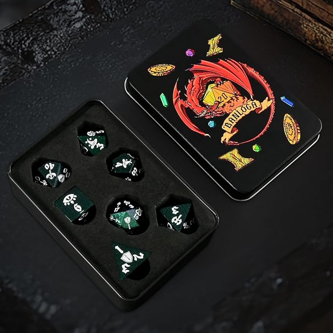 7PCS Metal Dice Set for Dungeons and Dragons,Class Icons Dice,Role Playing Board Games Accessories (Green)