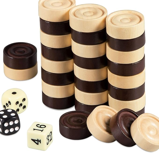 Classic Wooden Checkers Stackable Pieces, Backgammon Pieces, Set of 30 Checkers Pieces, 5 Dice, 2 Drawstring Storage Bags, Checkers (1.2 W X 0.4 H) Inches, Brown+Wood