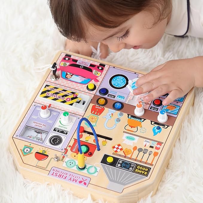 JAUNTY Kitchen Busy Board Toy for 3 4 5 Years Old, Wooden Sensory Toys Montessori 3-5 Toddler Girls Toy with Sound, Learning Kitchen Toys Great 1st First Birthday Gift for Girls Boys