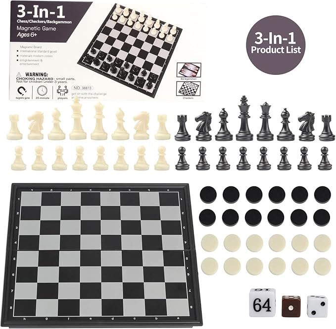 Andux Foldable Magnetic Three-in-one Board Game Set, Chess,Backgammon,Checkers CXYXQ-02 (M)