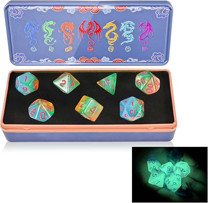 DND Dice Set with Dragon Totem Metal Gife Case, Dungeons and Dragons Dice Set,Polyhedral Dice Set Filled with Shiny Glitters,Role Playing Games and Tabletop Games (Green&Sky Luminous)