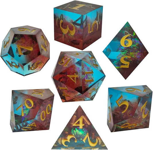 D&D DND Resin dice Set, RPG Sharp dice Handmade polyhedral dice Set with Beautiful connotations, Suitable for Role-Playing Board Game Dungeons & Dragons 7PC Digital Free Black Storage Bag Brown Blue