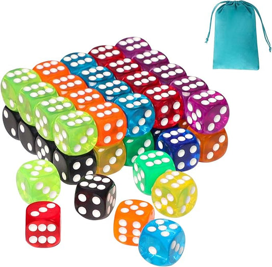 50 Pieces 16mm Colored Dice Set, Bulk Dice in 10 Translucent Colors with a Blue Drawstring Storage Bag, 6 Sided Dice for Board Games