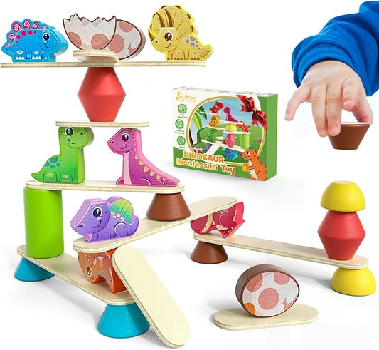 Montessori Dinosaur Toys for 1 2 3 4 Year Old Toddlers, Early Education Toys for Ages 2-4 Boys Girls Kids, Wooden Dinosaur Blocks Sorting & Stacking & Balance Toys, Ideal Preschool Birthday Gift