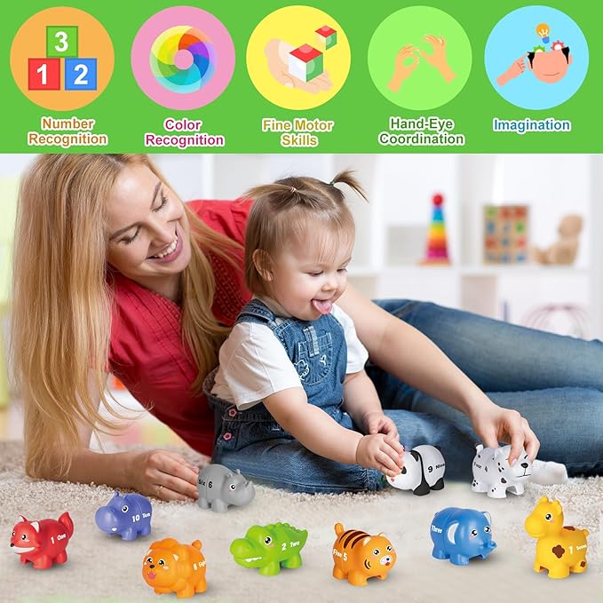 Learning Toys for 2 3 4 Year Old, 20 Pcs Number Matching Game with Digital English, 10 Different Animal Figures, Preschool Activities Montessori Fine Motor Toys for Toddlers Kids