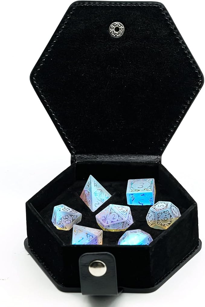 UDIXI Prism Glass DND Dice Set, 7PCS Frosted Glass Dice Rainbow Glass D and D Dice for Dungeons and Dragons Table Games D&D (Sandblasted Prism Glass)