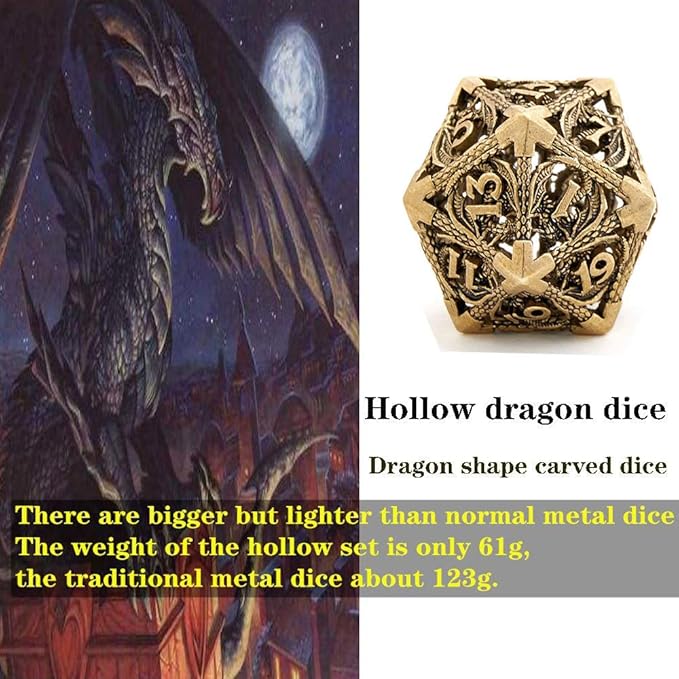 Hollow Metal DND Game Dice Dragon Shape Carved Antique Iron 7Pcs Set for Dungeons and Dragons RPG MTG Table Games D&D Pathfinder Shadowrun and Math Teaching (with Metal Case) ?-