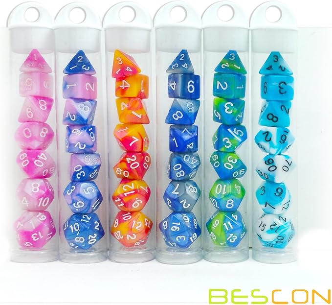 Bescon Mini Gemini Two Tone Polyhedral RPG Dice Set 10MM, Mini RPG Dice Set D4-D20 in Tube Packaging, Assorted Colored of 42pcs (7X6