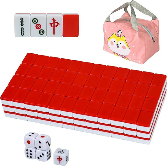 Traditional Mini Red Chinese Mahjong Game Set 144 Tiles, with Portable Handbag, Tile Size - 2.4 * 1.5 * 1.1 cm (1.0 * 0.6 * 0.5 inches)(中国麻将)