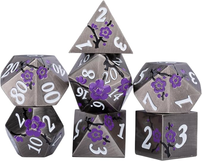 Black Metal DND Dice, Flower Metal D&D Dice Set with Gift Case for Dungeons and Dragon,7 PCS Solid Metal Dice for Tabletop Game(Antique Nickel-Purple)